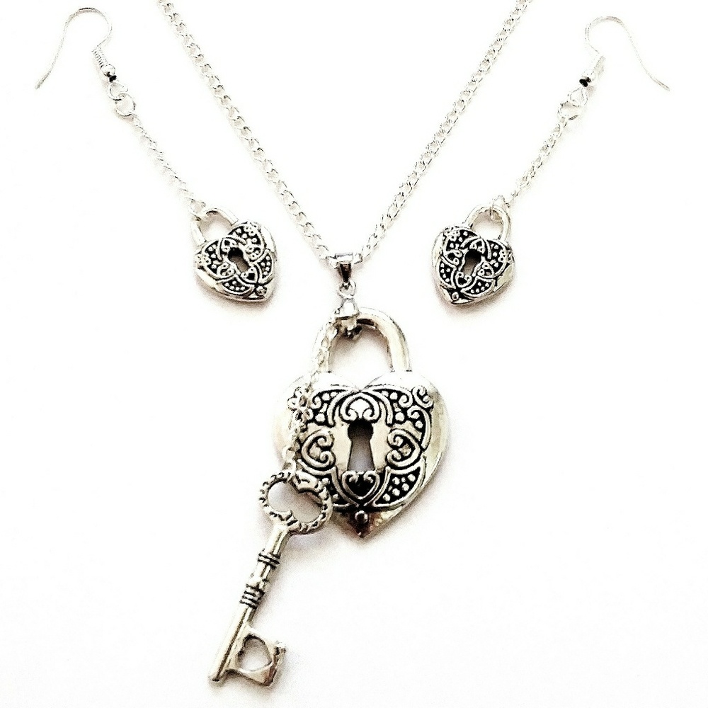 Silver Heart Love Lock Pendant Key Charm Necklace
